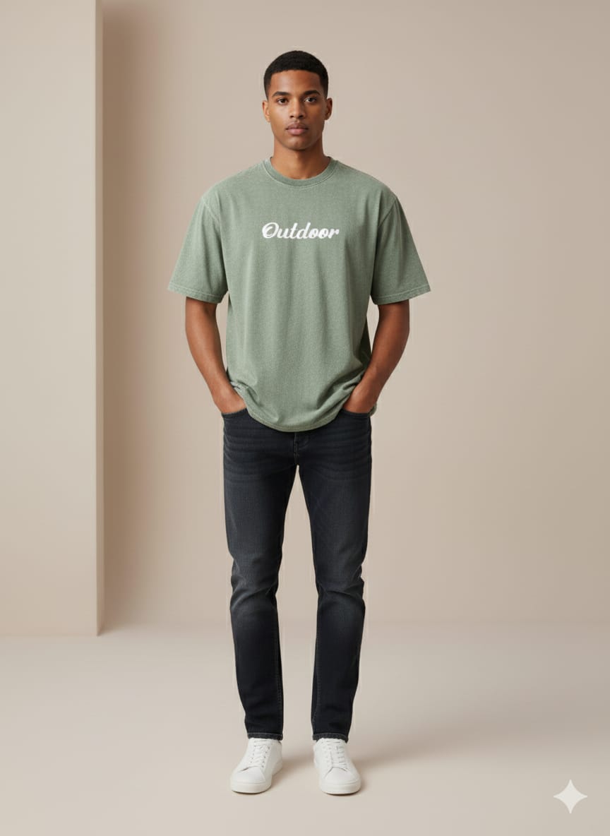 Green 3D Print Acid Wash Drop Shoulder Tees (Article B2102)