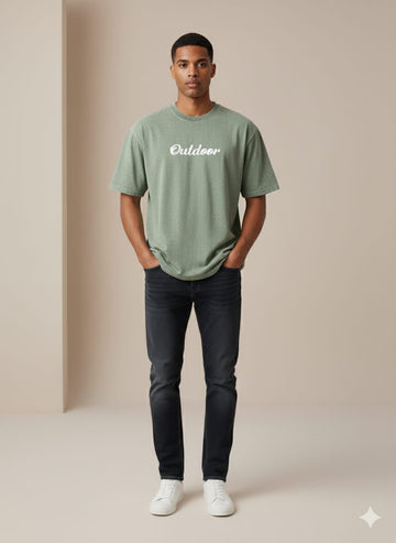 Green 3D Print Acid Wash Drop Shoulder Tees