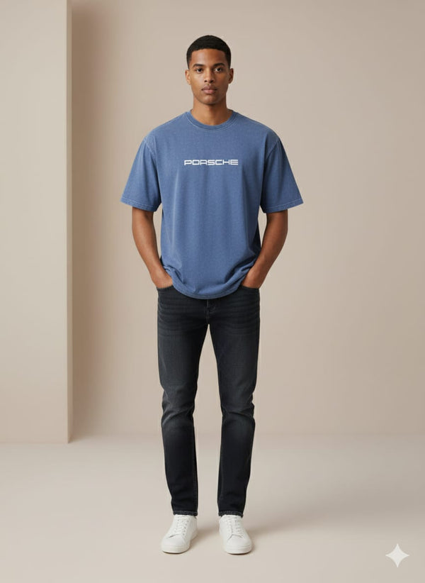 Blue 3D Print Acid Wash Drop Shoulder Tees