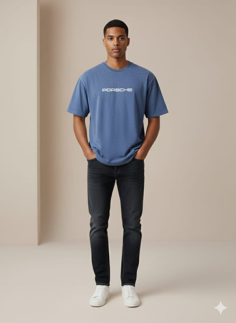 Blue 3D Print Acid Wash Drop Shoulder Tees