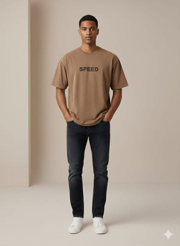 Brown 3D Print Acid Wash Drop Shoulder Tees