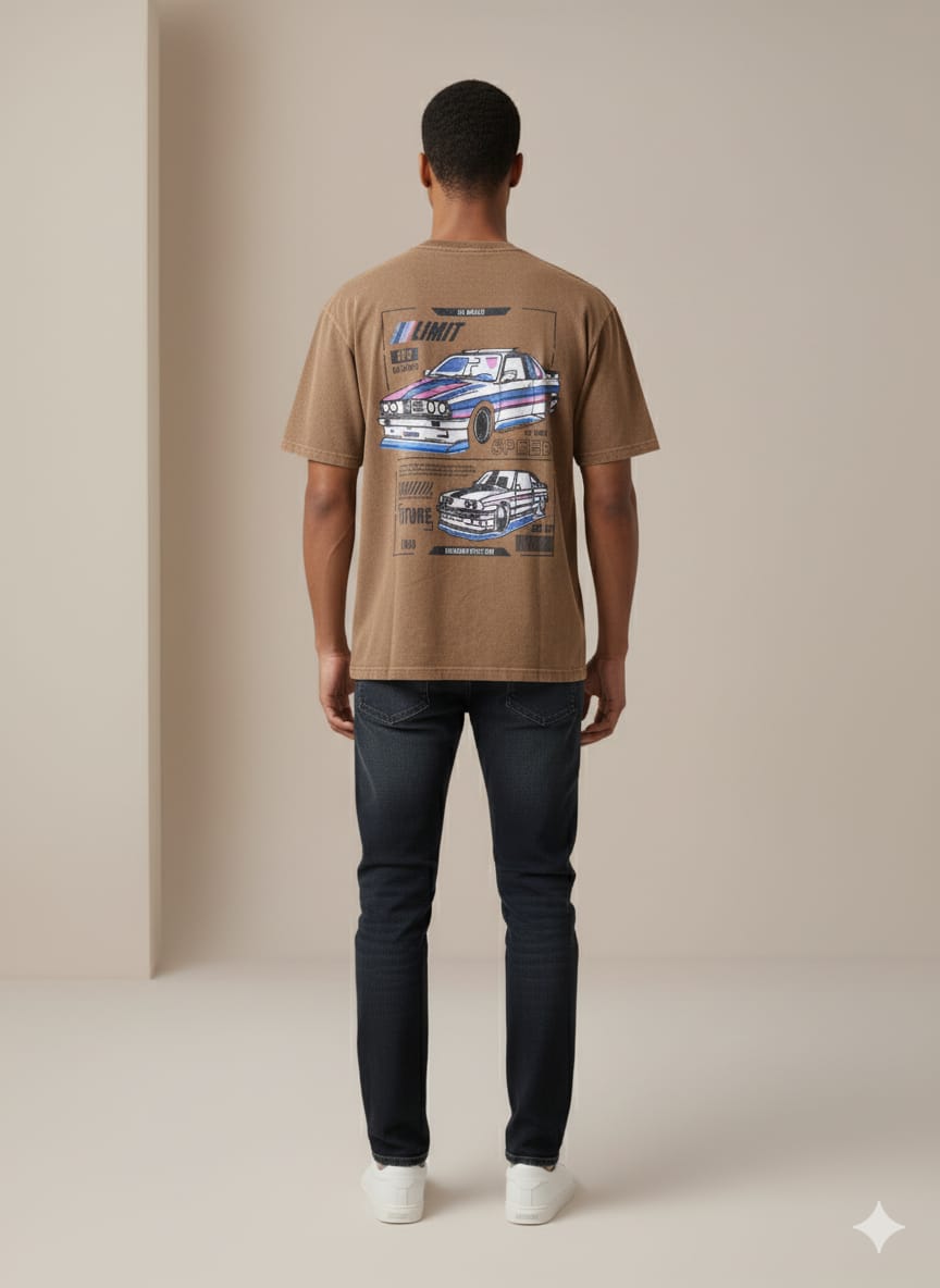 Brown 3D Print Acid Wash Drop Shoulder Tees