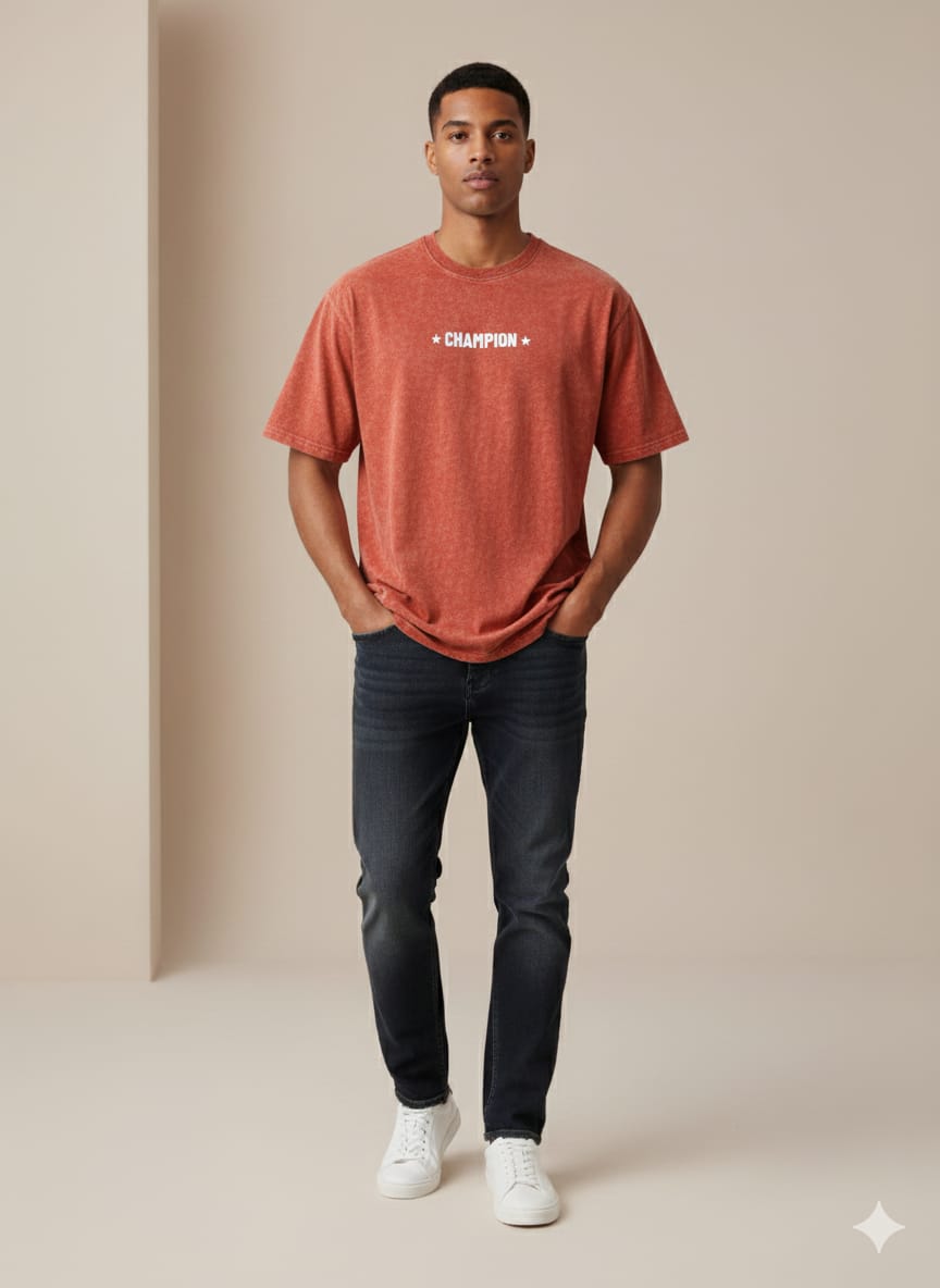 Vintage Red 3D Print Acid Wash Drop Shoulder Tees (Article B2102)
