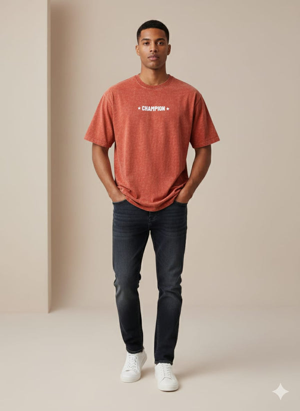 Vintage Red 3D Print Acid Wash Drop Shoulder Tees