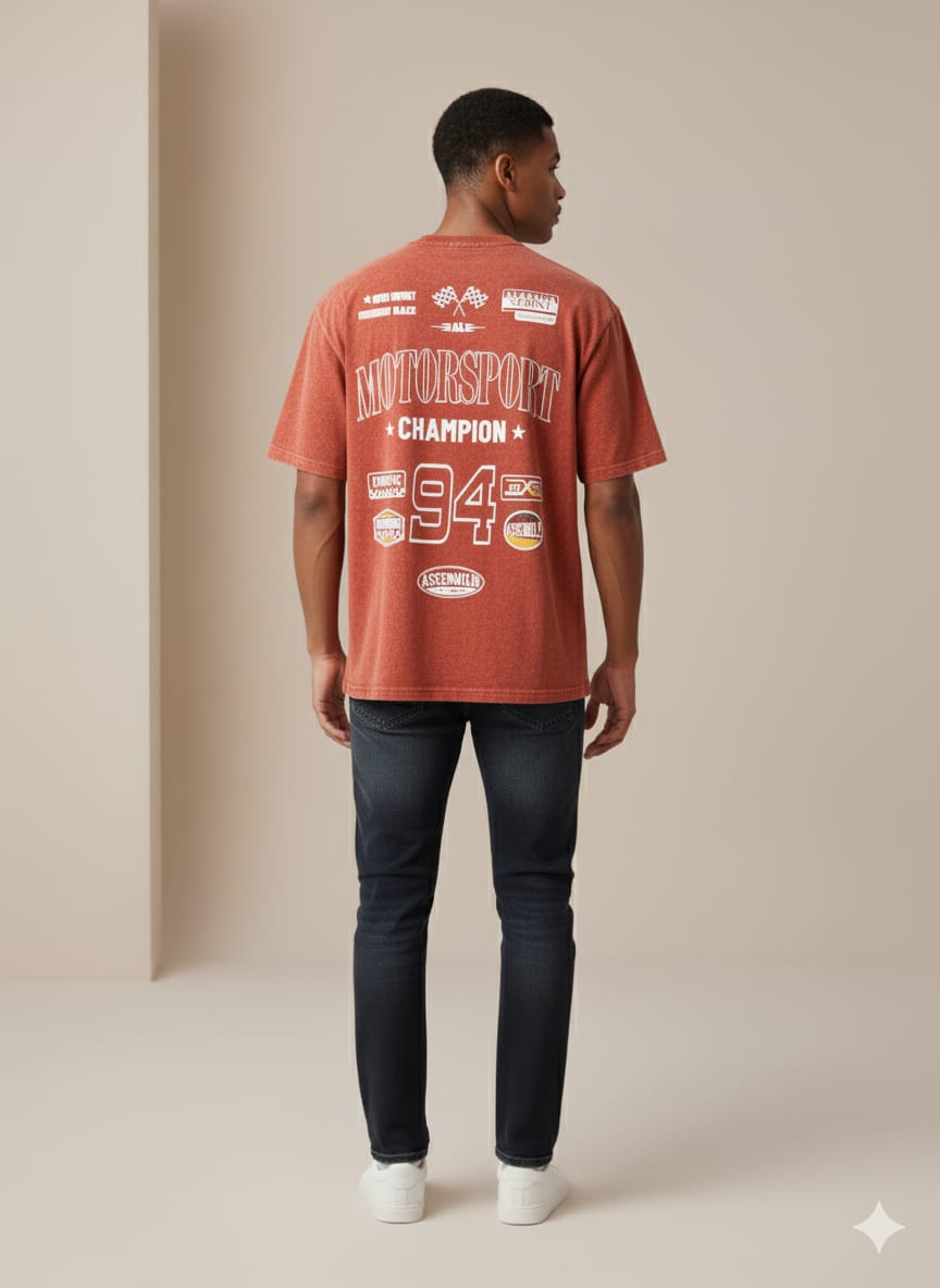 Vintage Red 3D Print Acid Wash Drop Shoulder Tees