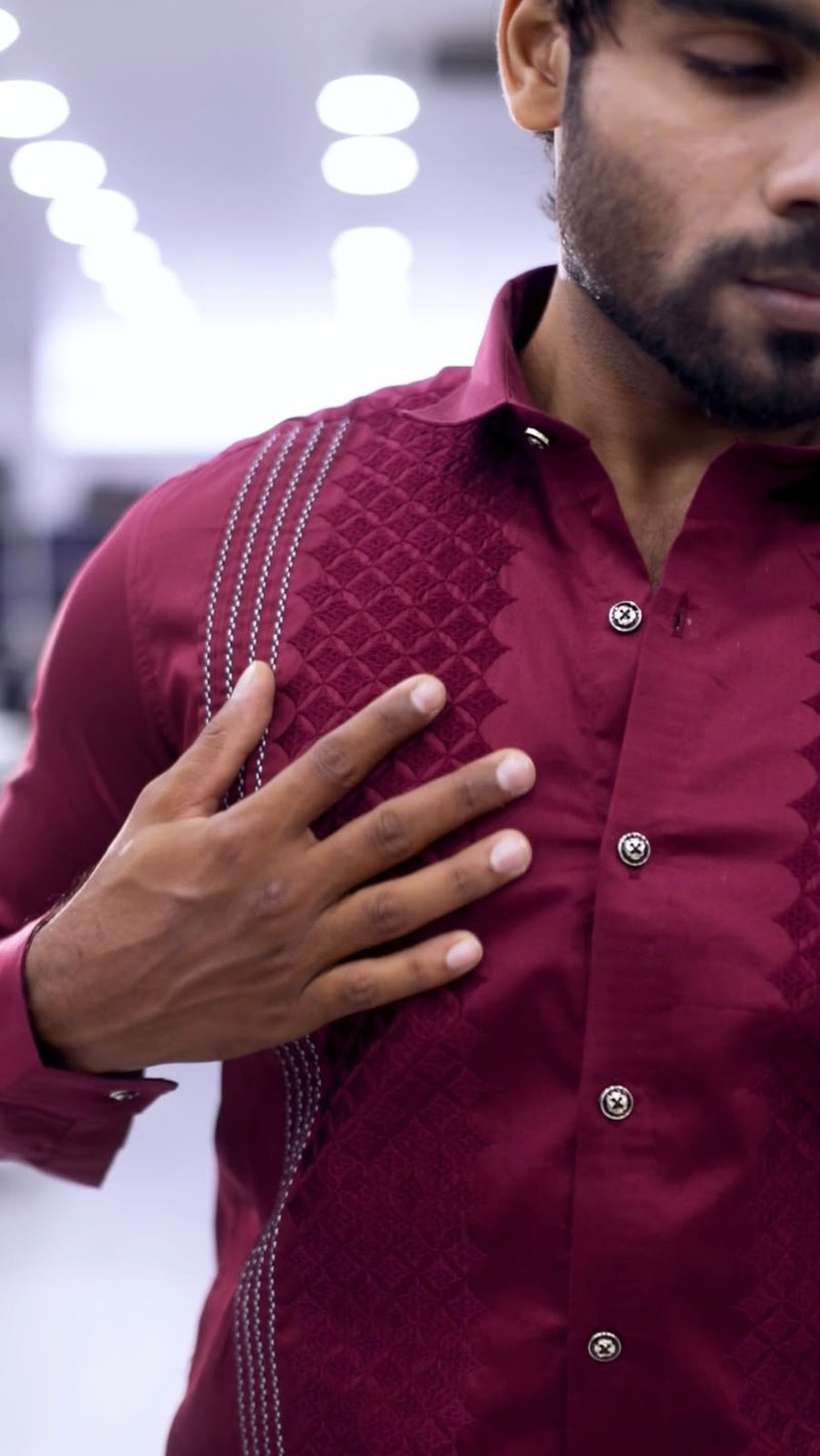 Wine Maroon Noir Embroidered Full Sleeve Shirts